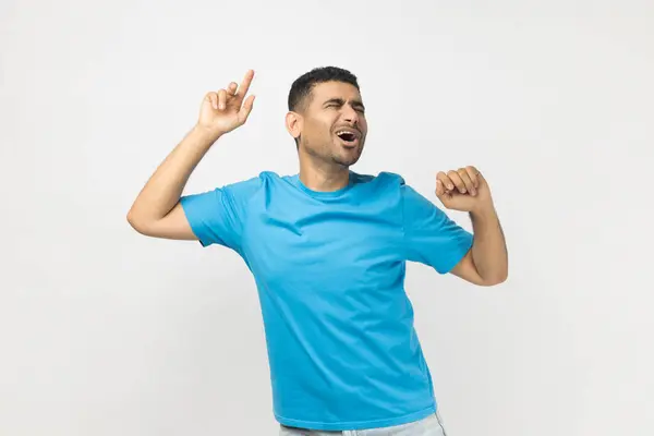 Portrait Happy Excited Optimistic Unshaven Man Wearing Blue Shirt Standing — Stock Photo, Image
