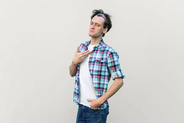 Proud Man Points Himself Stands Self Confident Feels Successful His — Stock Photo, Image