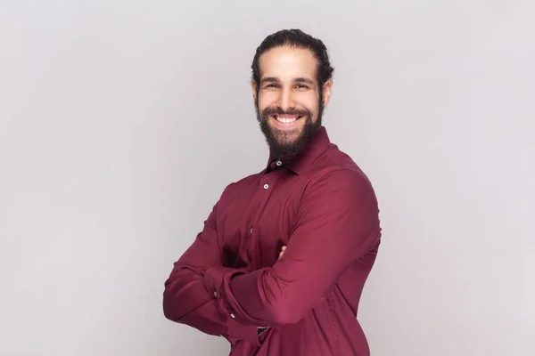Portrait Smiling Satisfied Delighted Man Dark Hair Beard Red Shirt — Stock Photo, Image