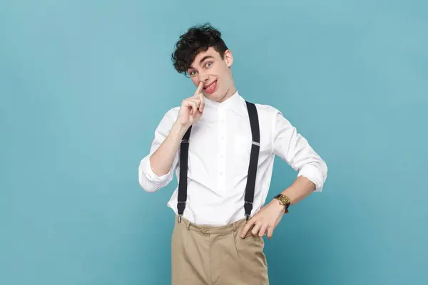 Portrait Mischievous Man Shirt Suspender Putting Finger His Nose Showing — Stock Photo, Image