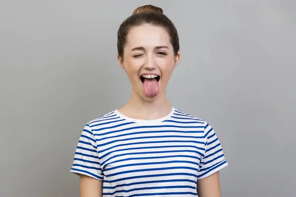 Portrait Disobedient Crazy Funny Woman Wearing Striped Shirt Showing Tongue — Stock Photo, Image
