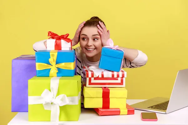 Excited Surprised Woman Sitting Workplace Many Colorful Gift Boxes Being — Stock Photo, Image