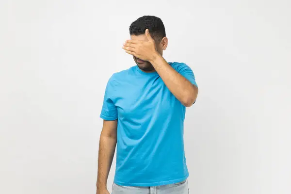 Portrait Shy Young Adult Unshaven Man Wearing Blue Shirt Standing — Stock Photo, Image