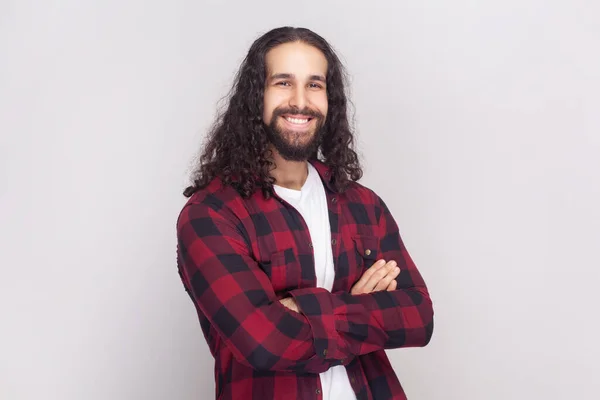 Portrait Satisfied Cheerful Handsome Bearded Man Long Curly Hair Checkered — Stock Photo, Image