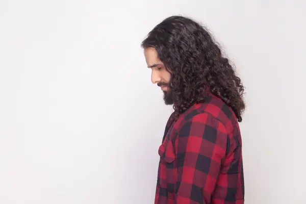 Side View Portrait Sad Stressed Bearded Man Long Curly Hair — Stock Photo, Image