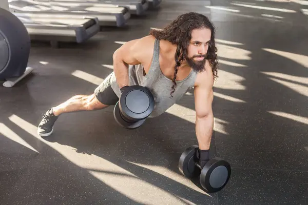 Portrait Muscular Athletic Man Long Curly Hair Working Out Gym — Stock Photo, Image