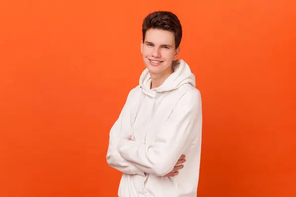 Portrait Happy Satisfied Young Man Wearing White Hoodie Standing Crossed — Stock Photo, Image