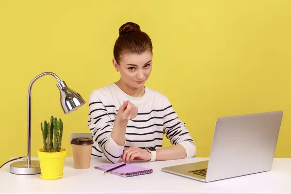 Positive Young Woman Manager Sitting Workplace Laptop Showing Money Gesture — Stock Photo, Image