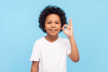 Şirin, gülümseyen, kıvırcık saçlı, tamam işareti olan mutlu olduğunu belirten olumlu bir çocuğun portresi. Mavi arka planda kapalı stüdyo çekimi.