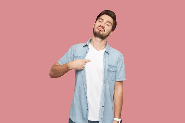 Satisfied Proud Bearded Man Blue Shirt Standing Points Himself Stands — Stock Photo, Image