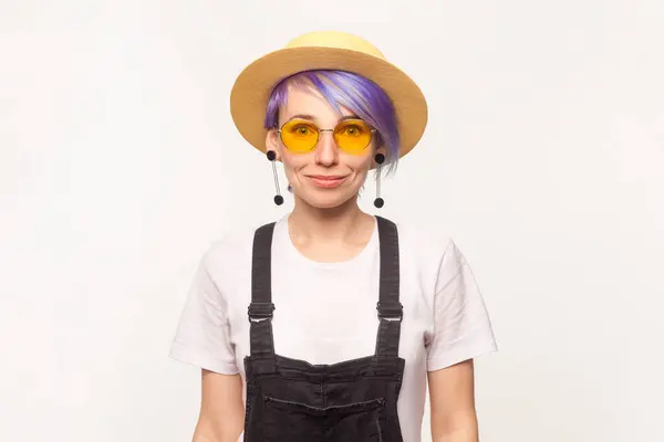 Portrait Smiling Positive Hipster Woman Violet Hair Sunglasses Hat Looking — Stock Photo, Image