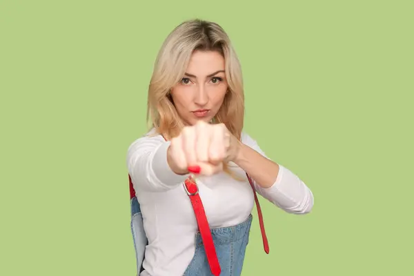 Portrait Serious Strict Strong Adult Blond Woman Clenched Fist Boxing — Stock Photo, Image