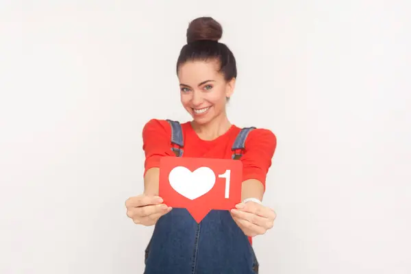 Internet Blogging Joyful Cheerful Woman Hair Bun Showing Heart Icon Stock Picture