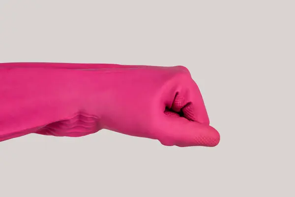 Closeup Woman Hand Wearing Pink Rubber Glove Greeting Someone Fist Stock Photo