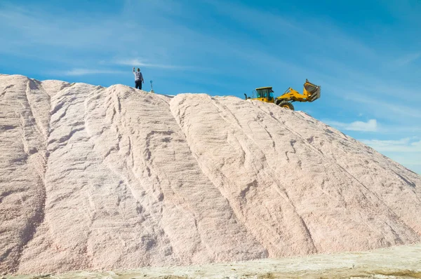 Trucks Unloading Raw Salt Bulk Salinas Grandes Hidalgo Pampa Argentina — Stock Photo, Image
