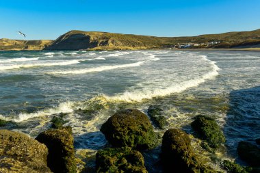 Alacakaranlıkta Yarımada Valdes 'teki kıyı manzarası, Dünya Mirası Bölgesi, Patagonya Arjantin