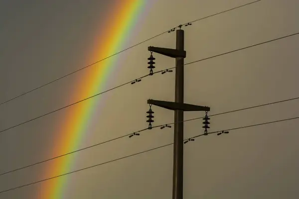 stock image Electric line in the storm rainbow landscape, La Pampa Province, Patagonia , Argentina.