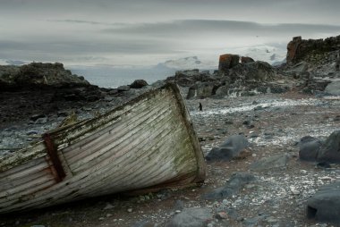 Antarktika 'da tarihi balina teknesi Half Noon Adası, Güney Shetland Adası, Antartika.