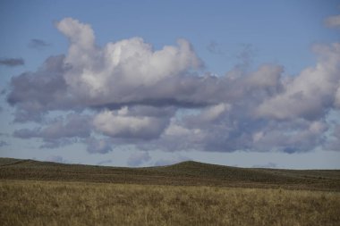 Gökyüzü bulutlu Pampas manzarası, La Pampa Provincia, Patagonya, Arjantin.