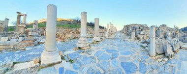 panoramic shot of the Ancient city ruins and historical structures found at the Ephesus Archaeological Site clipart