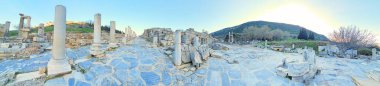 panoramic shot of the Ancient city ruins and historical structures found at the Ephesus Archaeological Site clipart