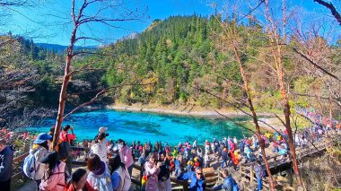 Çin, Sichuan, 01.01.2025 Turistler Jiuzhai Vadisi 'nde ve Çin Milli Parkı' nda bulunan Açık Mavi Turkuaz renk gölünü ziyaret ediyorlar.