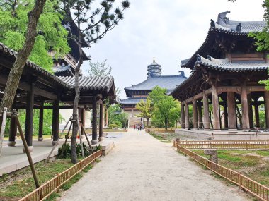 Yeşil bir göl kenarında huzurlu bir taş yol geleneksel bir Çin tapınağına ve bulutlu bir gökyüzünün altındaki tapınağa götürür. 