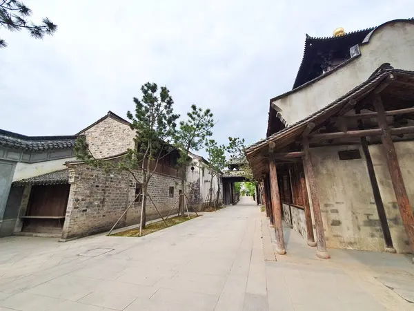 Yeşil bir göl kenarında huzurlu bir taş yol geleneksel bir Çin tapınağına ve bulutlu bir gökyüzünün altındaki tapınağa götürür. 