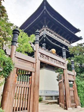 Karmaşık oymalar ve ahşap kapılar ile süslü geleneksel bir Çin taş kemer yolu ağaçlarla kaplı sessiz bir sokağa açılıyor. 