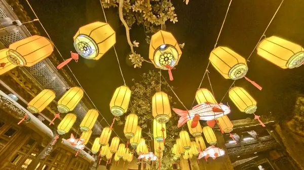 Düzinelerce parıldayan geleneksel fener bir gece sokağının üzerinde asılı, dekoratif balık süslemeleriyle sıcak ve şenlikli bir ortam yaratıyor. 