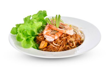 Tayland usulü erişte, beyaz karidesli kızarmış erişte..