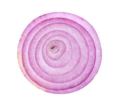 Dilimlenmiş kırmızı soğan beyaz arka planda izole edilmiş. Üst görünüm