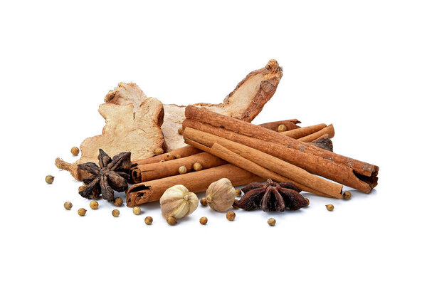 Spices chinese food and herbal wrap for stewed on white background