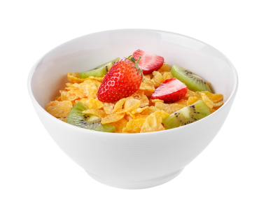 Bir kase şeffaf meyveli mısır gevreği.