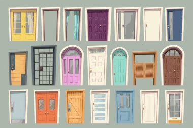 Muhtelif tasarım kapılarının büyük karikatür setinin çizimi. Şeffaf cam. parlak gri arkaplanda izole edilmiş