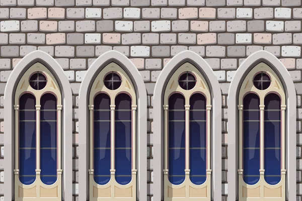 Kilisenin Güzel Pencereleri Olan Klasik Taş Duvardaki Manzara — Stok Vektör