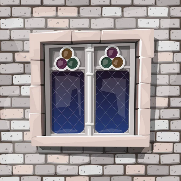 Illustration Des Mittelalterlichen Fensters Cartoon Stil Frontansicht Auf Steinmauer — Stockvektor