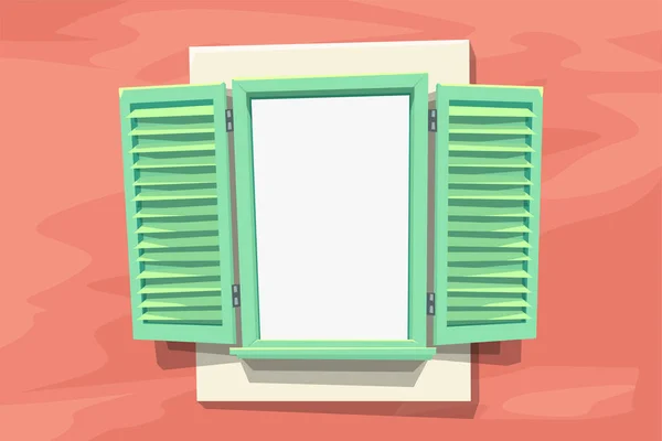 Illustration Eines Grünen Vintage Fensters Mit Offenen Rollläden Roter Putzwand — Stockvektor