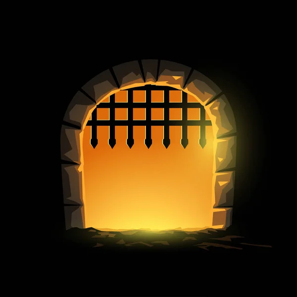 Illustration Black Silhouette Medieval Castle Gates Sunset Front View — Stock Vector