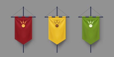 Gri zemine izole edilmiş yumuşak gölgeli ortaçağ bayrakları.