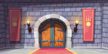 illustration of medieval room front view on wooden massive doors with flags and couple torches