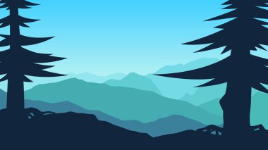 illustration of mountains view from cliff silhouette in blue colors