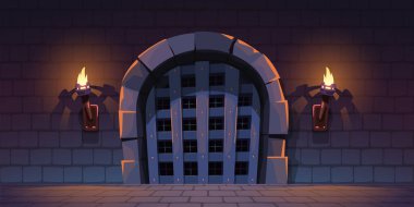 illustration of medieval vault with big wooden gates with firing torch interior backdrop cartoon design