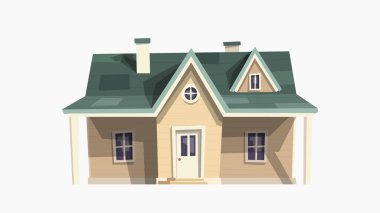 illustration of cute family wooden house front view with some shadows isolated on white backdrop