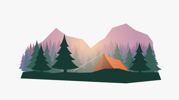 Illustration Tente Touristique Orange Dans Forêt Près Des Montagnes Scène — Image vectorielle