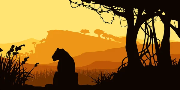 Illustration African Savannah Landscape Layer Design Sitting Lion — ストックベクタ