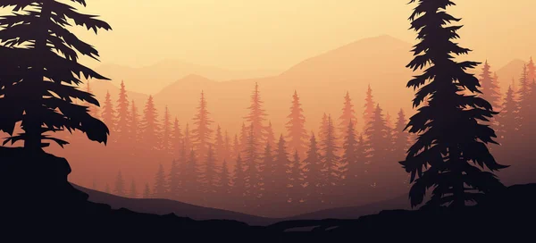 暖かいオレンジの色で日没時に松林の霧の山の風景の美しい景色のイラスト層のデザインのパララックス準備ができて — ストックベクタ
