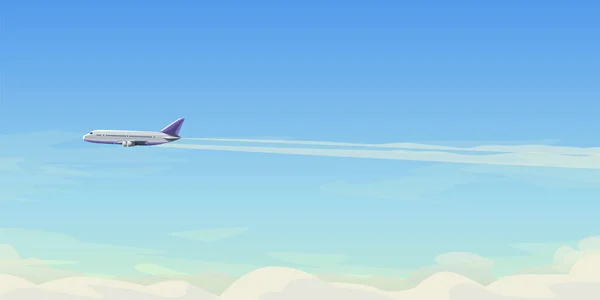 Illustration Flying Airplane Side View Clouds Bright Sky — Vetor de Stock
