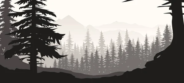 Απεικόνιση Του Όμορφου Τοπίου Θέα Στο Πευκοδάσος Και Βουνά Γκρι — Διανυσματικό Αρχείο