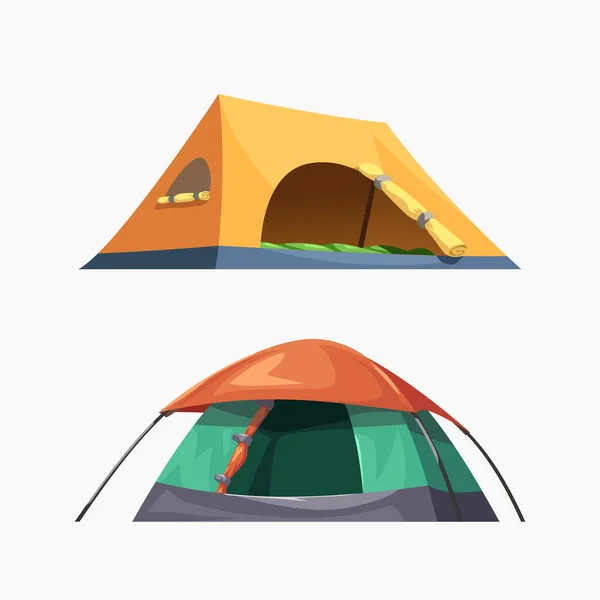 Illustation Couple Colorful Different Shapes Camp Tents Set Isolated White — Stock Vector
